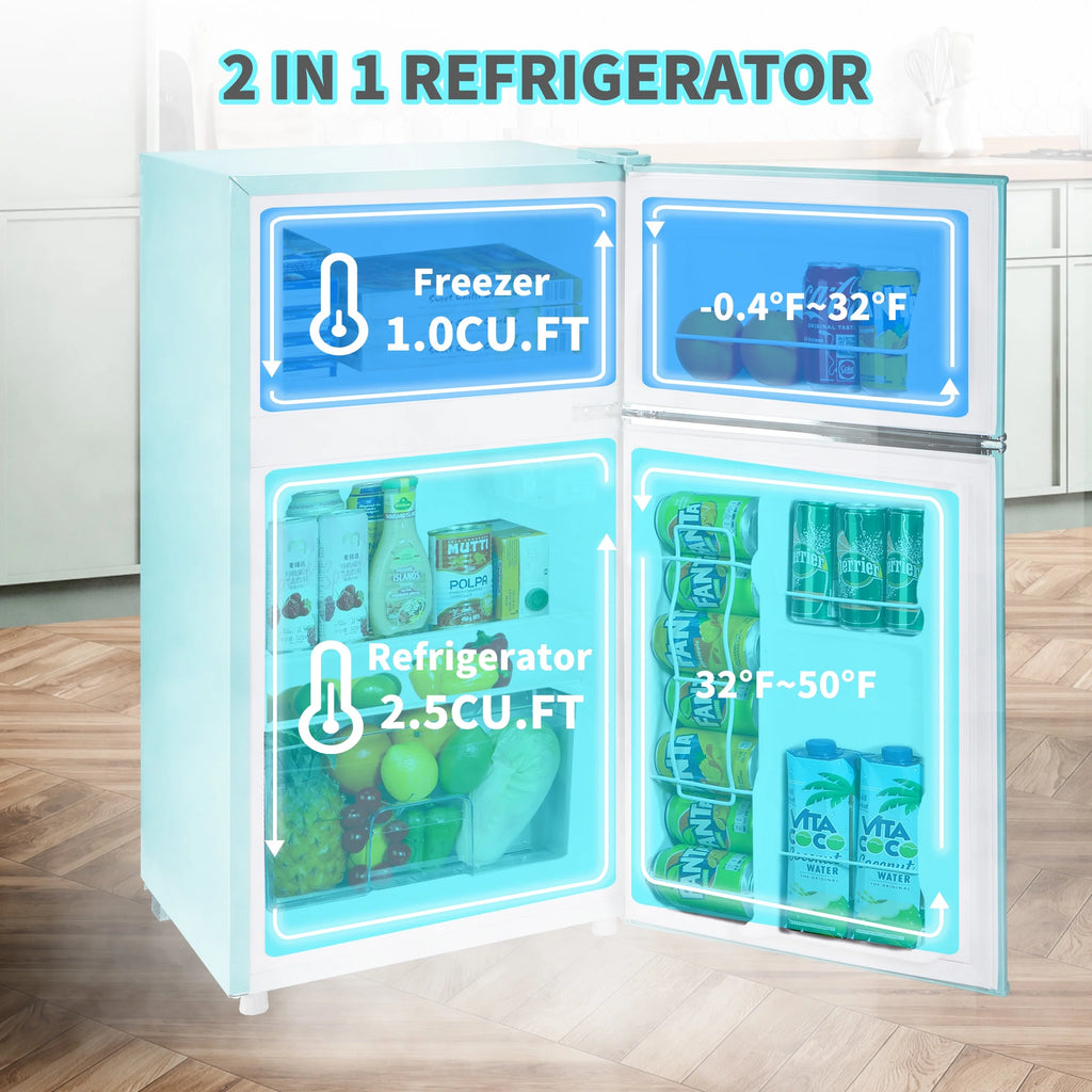 2 Door Mini Fridge with Freezer,3.5Cu.ft Small Freezer,7 Adjustable Thermostat,Blue,New