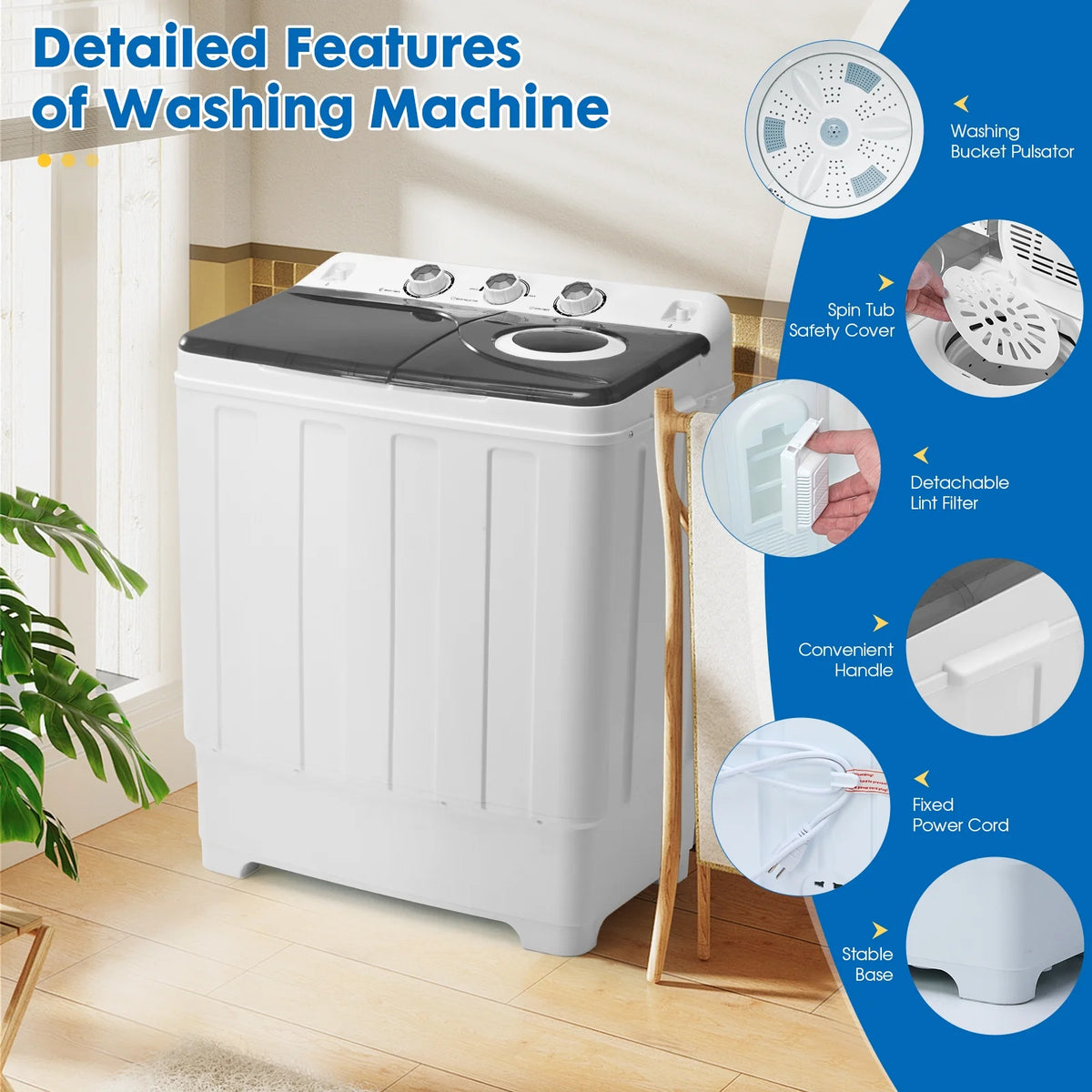 Clickoods 28lbs Portable Washing Machine Twin Tub, Compact Washer with Drain Pump, Semi-Automatic washer dryer combo, Blue