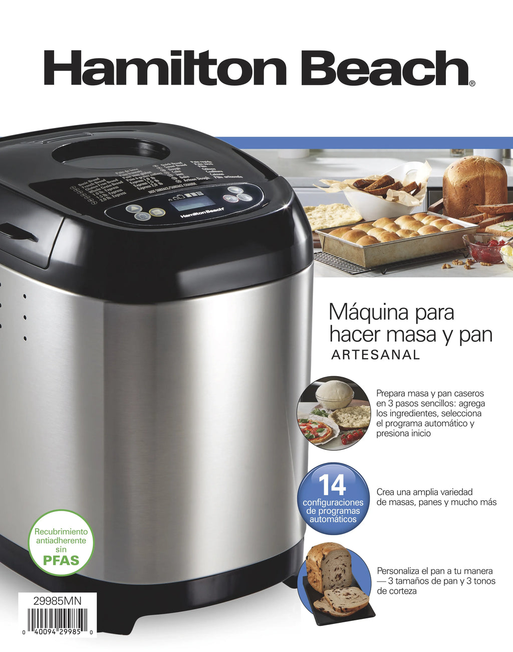 Hamilton Beach 2 lb Bread Maker Machine, Artisan Dough Bread Maker with 14 Settings, Black & Stainless Steel