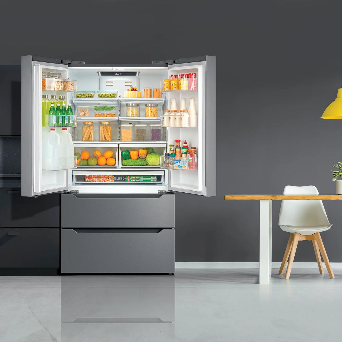 Cosmo 4 Piece Kitchen Appliance Packages with 36" Freestanding 220/240V Dual Fuel Range 36" Under Cabinet Mount Range Hood 24" Built-in Dishwasher & French Door Refrigerator Kitchen Appliance Bundles