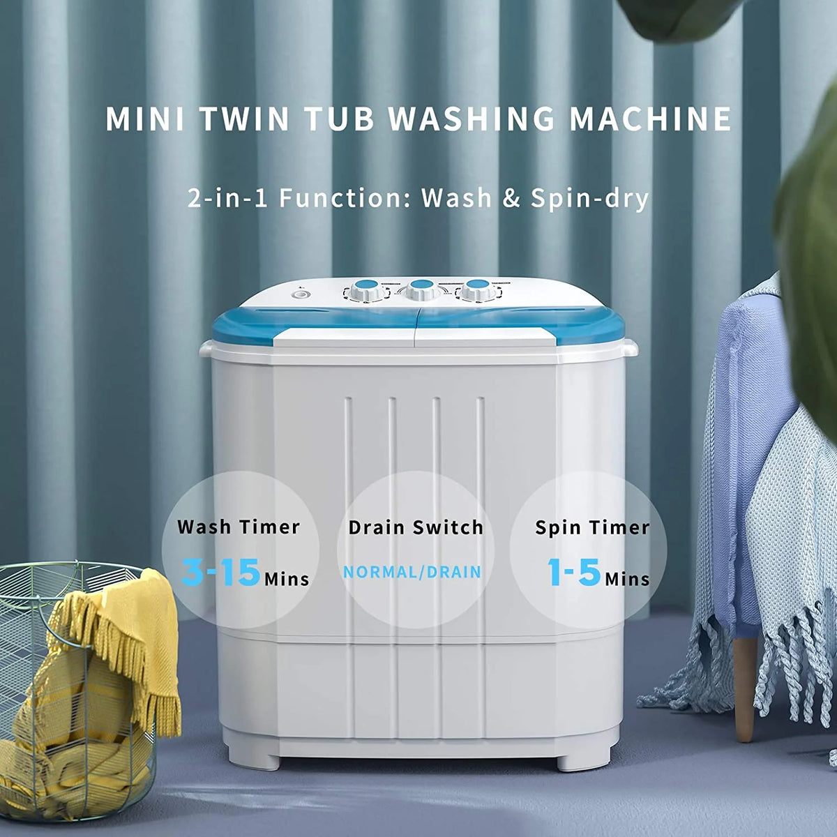 Auertech Portable Washer 14lbs Mini Twin Tub Compact Semi-Automatic Washer Spinner Combo, Gravity Drain