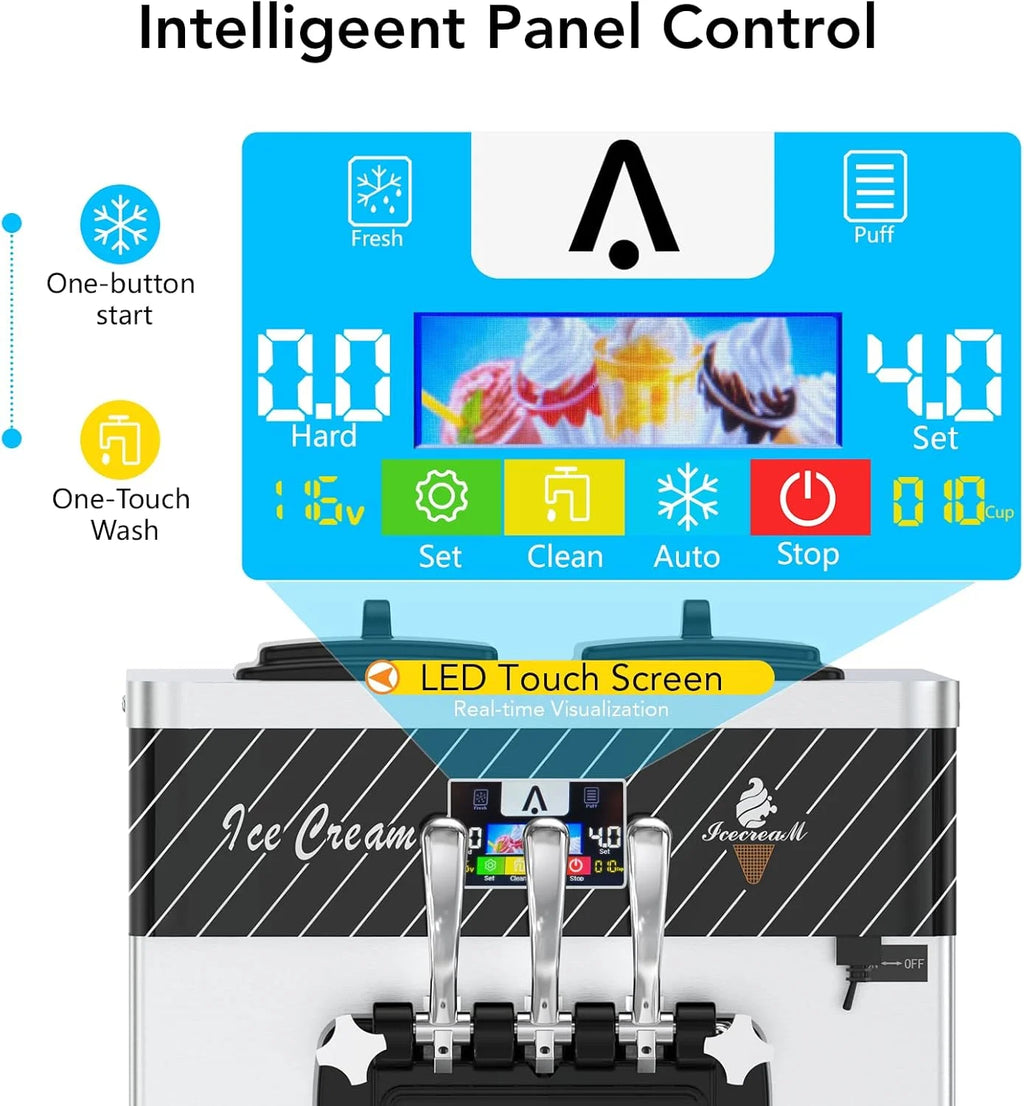 NEILA 2+1 Flavor Soft Serve Ice Cream Maker Machine Commercial,5.8-7.9 Gal/Hr Vertical Soft Serve Machine with 5.5 Inch Screen,Auto Clean Pre-Cooling High Productivity for Restaurants&Snack,2450W
