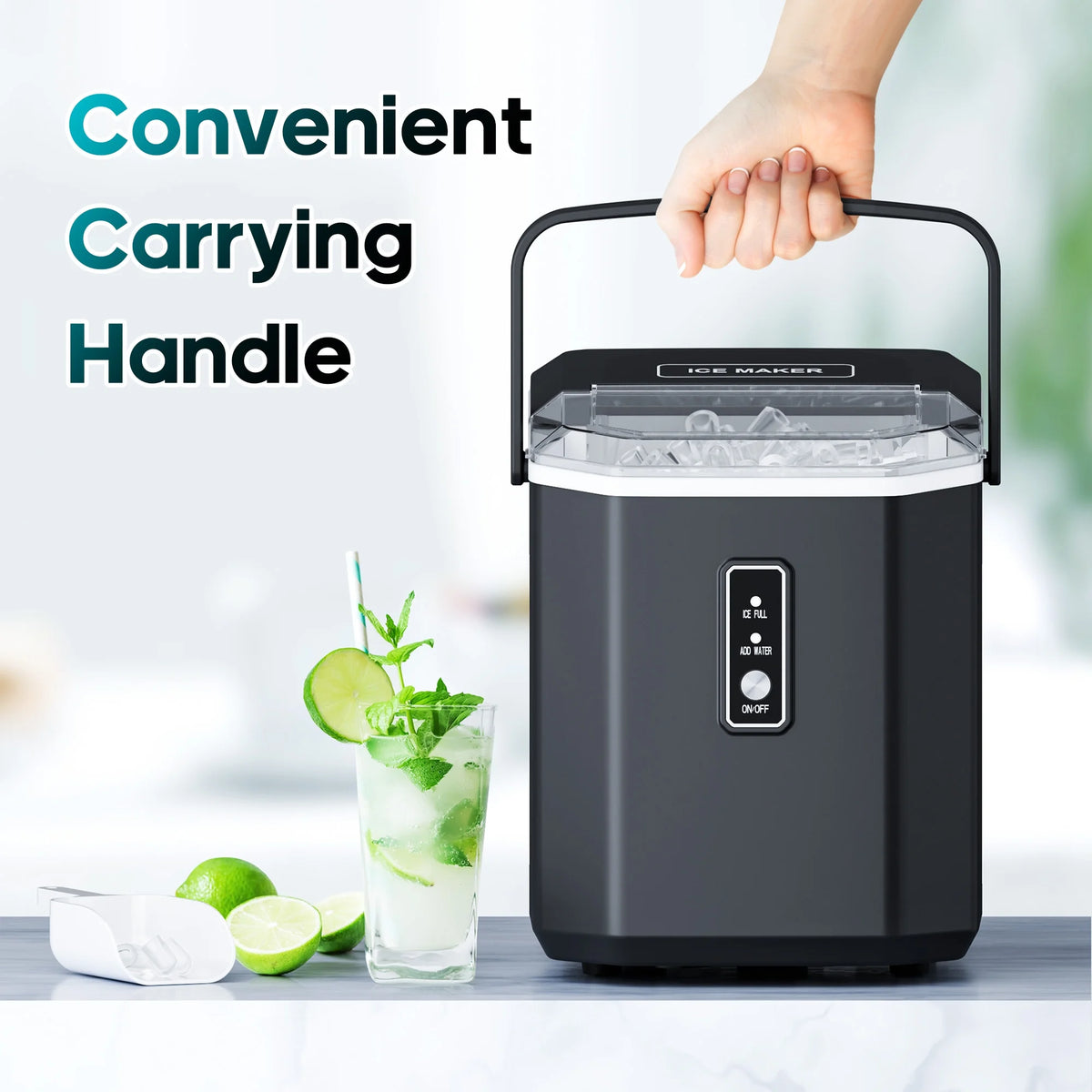 Fenbeli 26lbs/24H Countertop Ice Maker Machine with Handle, Portable Ice Maker Machine with Auto-Cleaning, Black