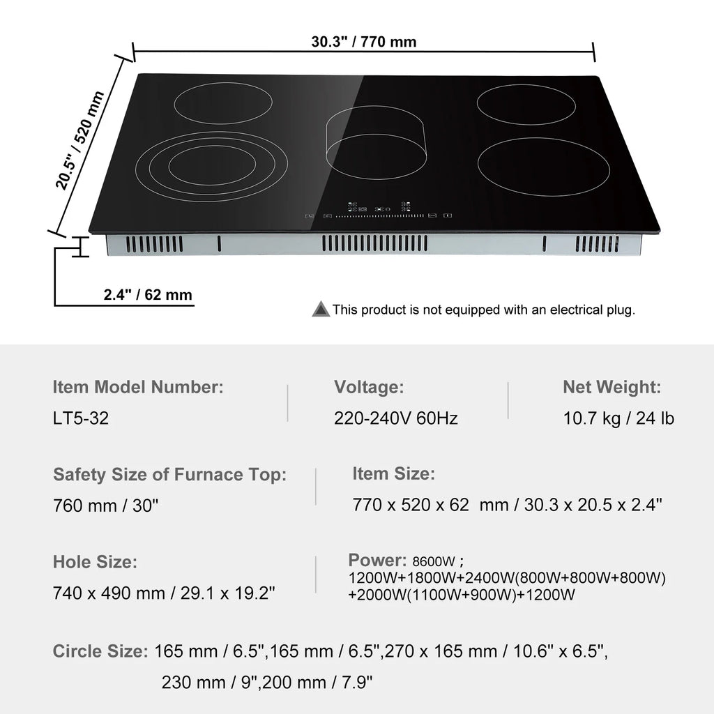 KFFKFF 8600W Electric Ceramic Cooktop, 30" 5 Burners Built-in Countertop Burners Cooker Touch Control, Overheat Protection, Child Lock, 9 Power Levels, 220-240V (NO Plug)