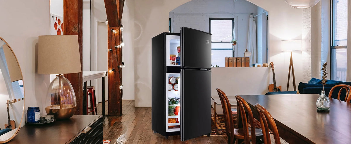 KRIB BLING 3.2 Cubic Feet Double Door Mini Fridge with Freezer, Mini Compact Refrigerator 2 Doors for Dorm, Office, Apartment, RV, Bedroom, Black
