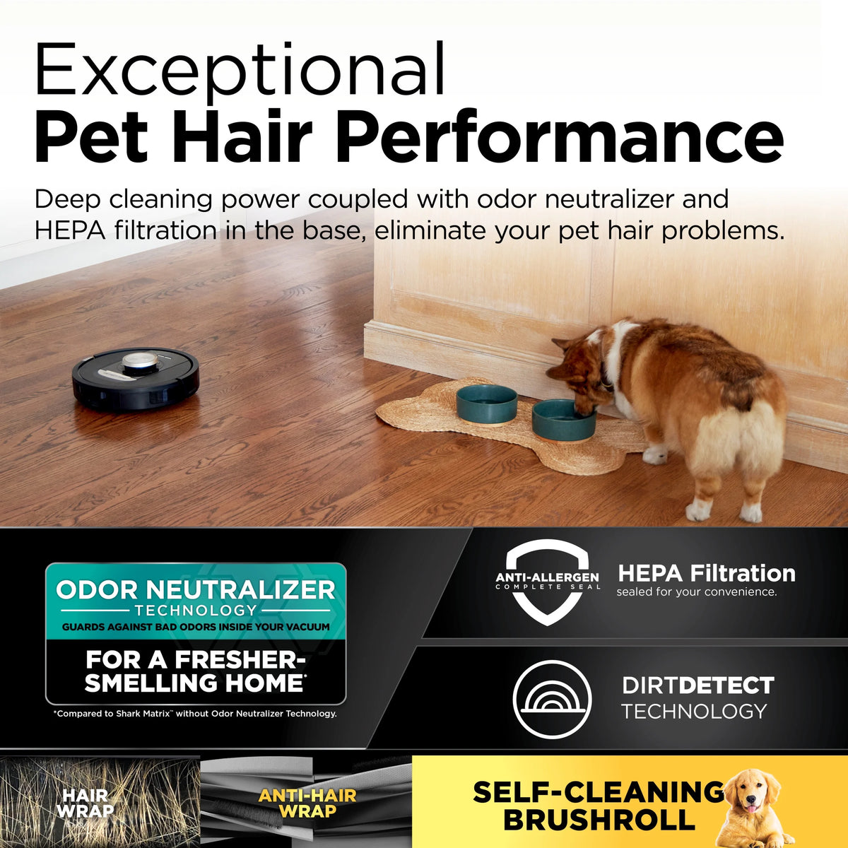 Shark PowerDetect? Self-Empty Robot Vacuum with NeverStuck & Detect Technologies, Auto Deep-Clean Carpets & Hardfloors, HEPA Bagless Base Neutralizes Odors, for Pet Hair, WiFi, RV2820AE