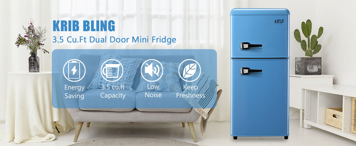 KRIB BLING 3.2 Cubic Feet Double Door Mini Fridge with Freezer, Mini Compact Refrigerator 2 Doors for Dorm, Office, Apartment, RV, Bedroom, Black