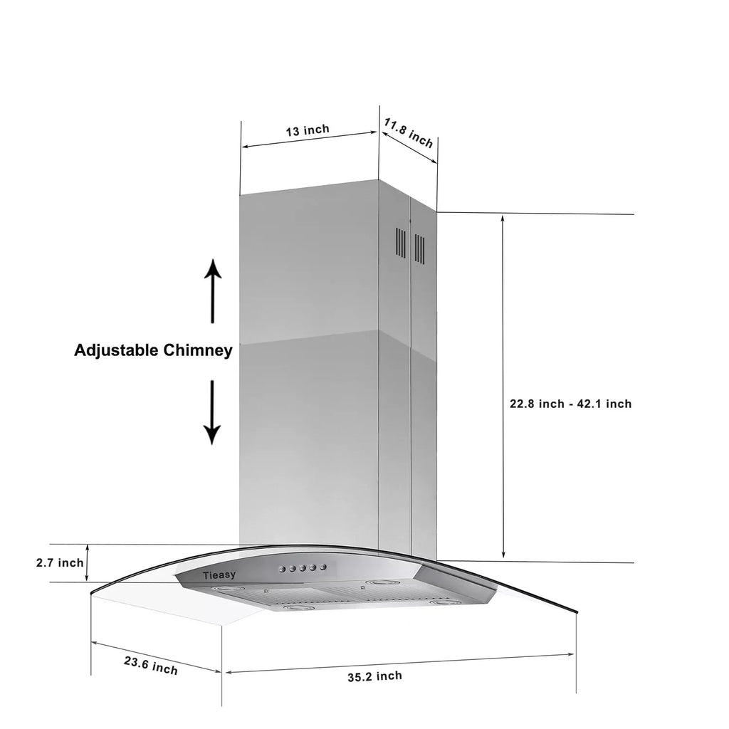 "Joeaonz 36"" Stainless Steel Island Mount Range Hood, Quiet 900CFM, 3-Speed Vent with Button Control and LED Bulb"