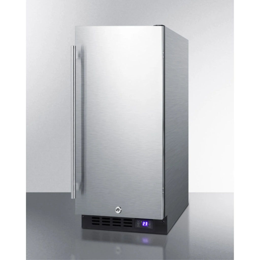 15" wide frost-free freezer for built-in or freestanding use, with stainless steel wrapped exterior, lock, and digital thermostat