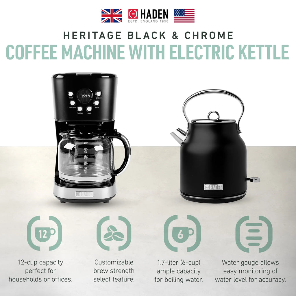 Haden Coffee Maker & Heritage 1.7 Liter Electric Kettle, Black & Chrome