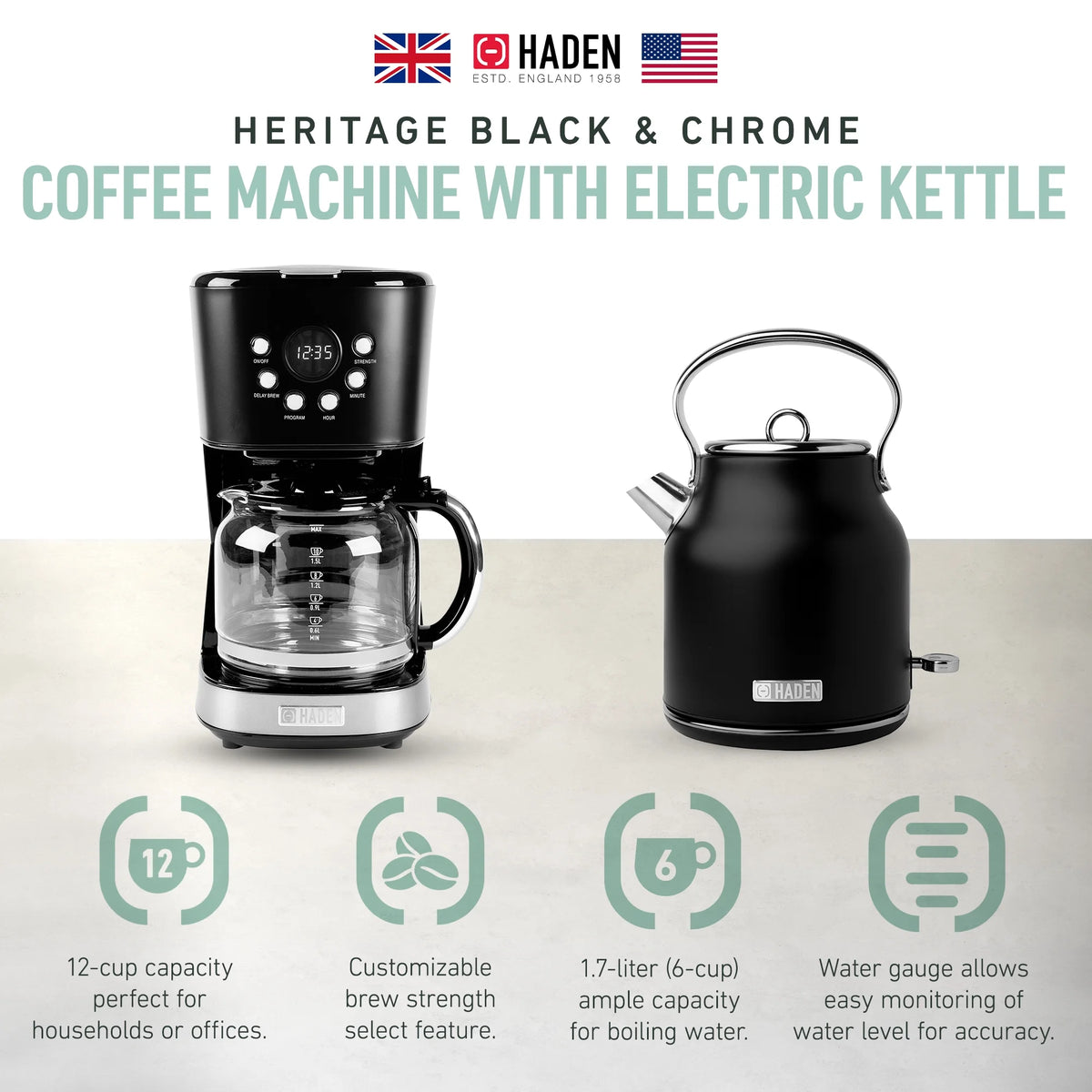 Haden Coffee Maker & Heritage 1.7 Liter Electric Kettle, Black & Chrome