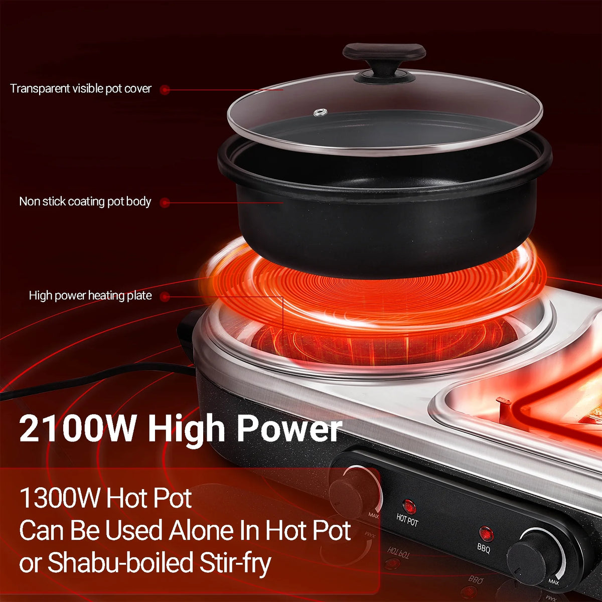 ZXMT 2 in 1 Electric Hot Pot with Grill Combo 2100W Indoor Griddle Dual Temperature Control Non-Stick Korean BBQ Shabu Pan