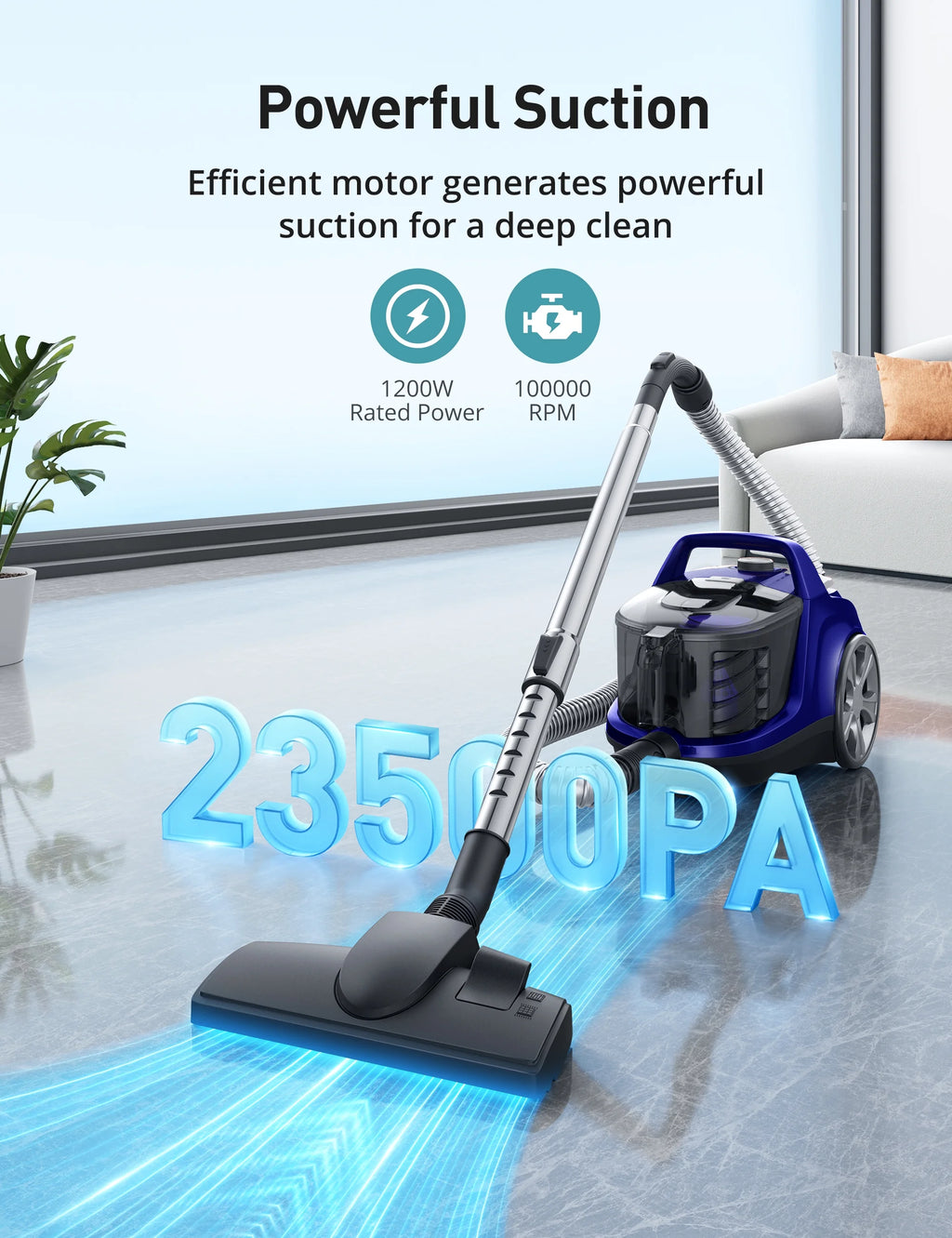 Canister Vacuum Cleaner, 30Kpa Powerful Suction, Bagless with 3.7QT Large Dust Cup, Auto Cord Rewind, HEPA Filter, 5 Attachments, Lightweight Vacuum for Pet Hair, Hard Floors & Car