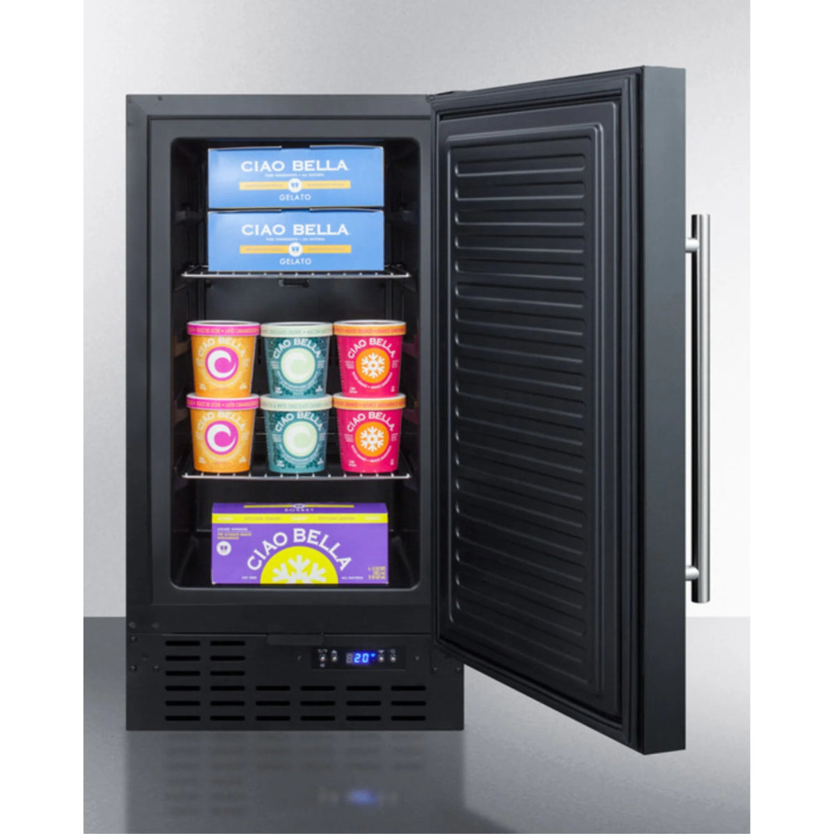 ADA compliant 18" wide frost-free freezer in black for built-in or freestanding use, with lock and digital thermostat