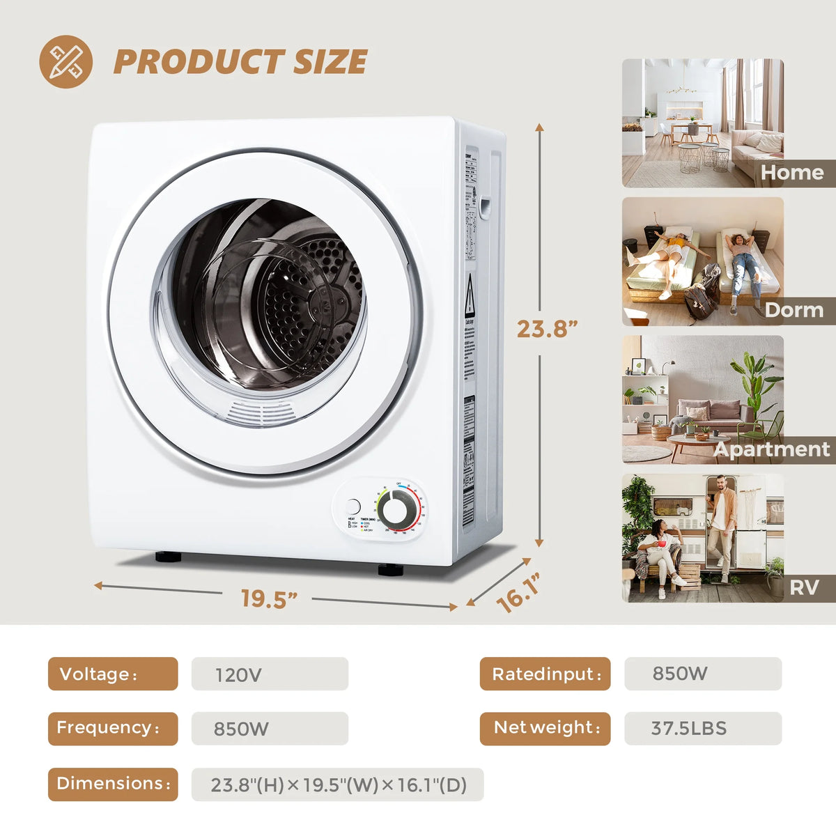 EUHOMY 1.5 Cu.Ft Portable Clothes Dryer 850W Front Load with 200 Minute Timer for Apartment Home DOE Certified, White