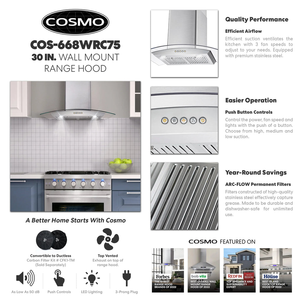 30 in. Vista Collection Ductless Wall Mount Range Hood, Button Controls, LED Lights, Stainless Steel