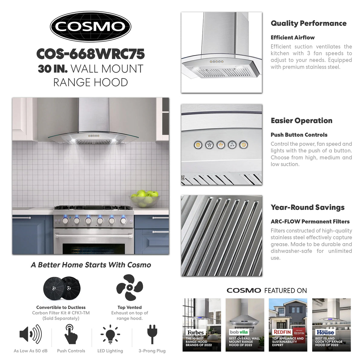 30 in. Vista Collection Ductless Wall Mount Range Hood, Button Controls, LED Lights, Stainless Steel
