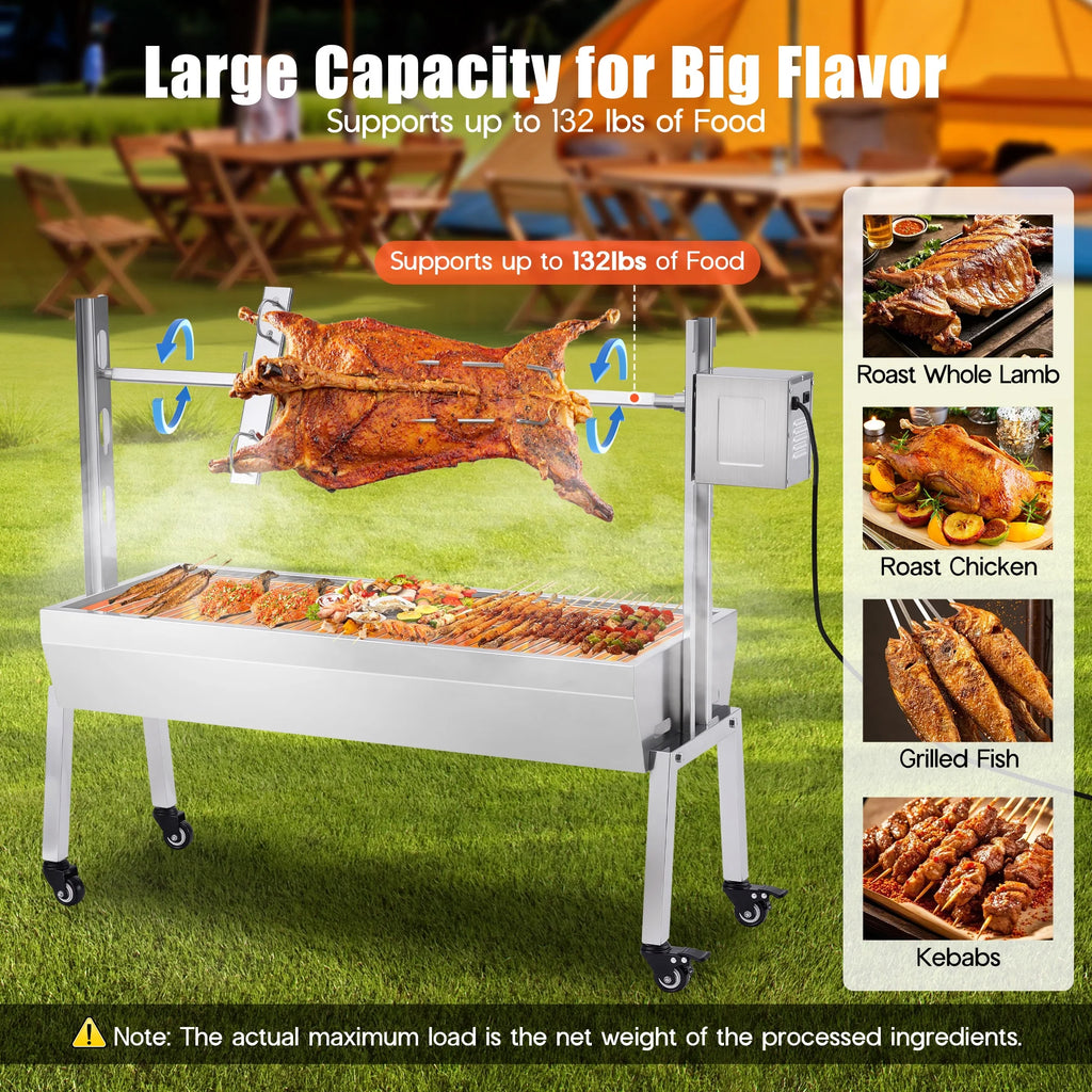 LUXOAK Electric BBQ Rotisserie Grill Kit, 46" 132 Lbs Capacity, 45W Motor, Height-Adjustable Stainless Steel Pig Roaster with Triangular Stability Support Stand for Pig Lamb