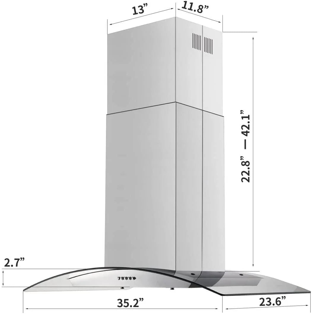 Tieasy Island Range Hood 36 inch Kitchen 3 Speed Extractor Fan Aluminum Filter Tempered Glass