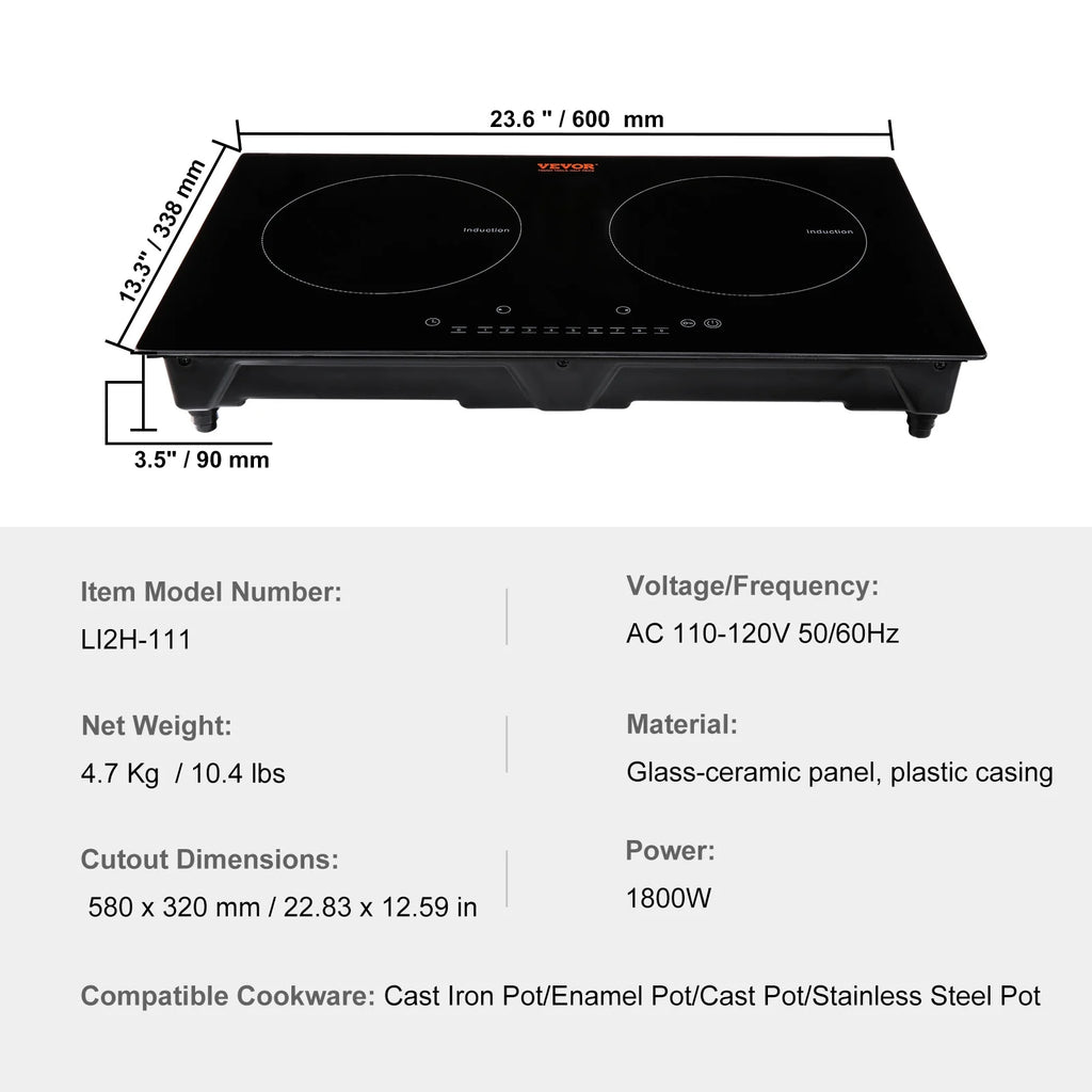 BENTISM 24 inch Electric Cooktop 2 Burners Ceramic Glass Stove Top Touch Control