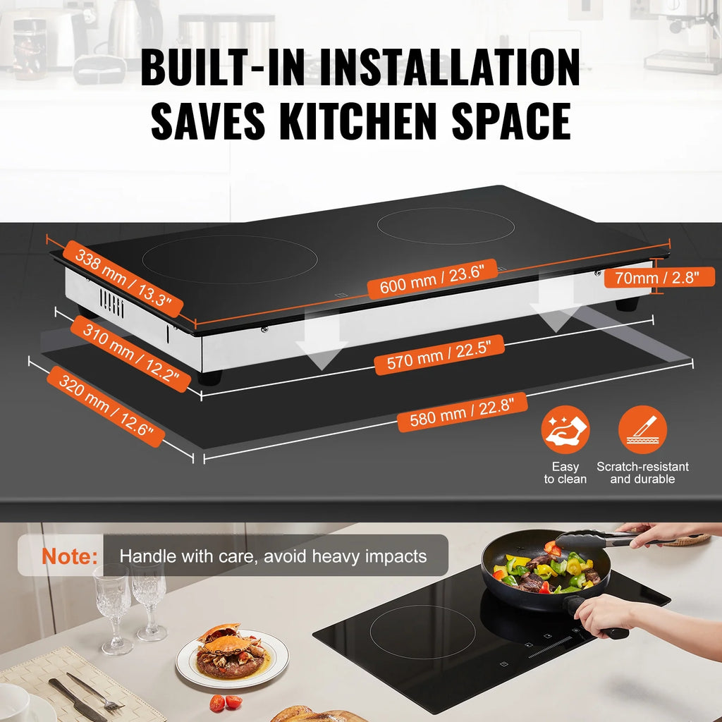 KFFKFF 24" Electric Cooktop, 2 Burner Built-in Ceramic Cooktop1800W with Touch Controls, Glass Panel, Timer, Safety Lock, 9 Temperature Settings, Heat Warning Light, 120V
