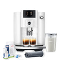 Jura E4 Coffee Machine (Piano White) with Filter, Cleaning Tablets and Coffee