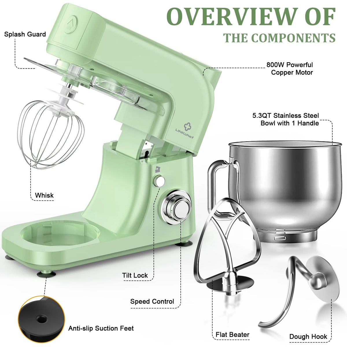 LINKChef Stand Mixer, 5.3QT 800W 6+P Speeds with Whisk, Dough Hook and Beater (White)