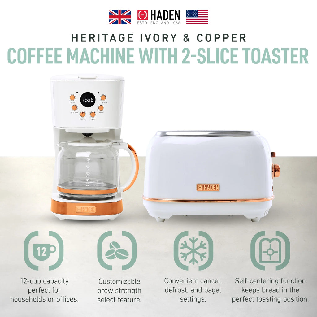 Haden 12 Cup Coffee Maker with 2 Slice Stainless Steel Bread Toaster, White