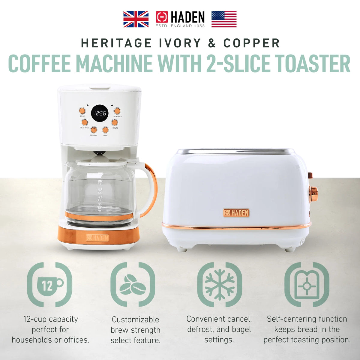 Haden 12 Cup Coffee Maker with 2 Slice Stainless Steel Bread Toaster, White