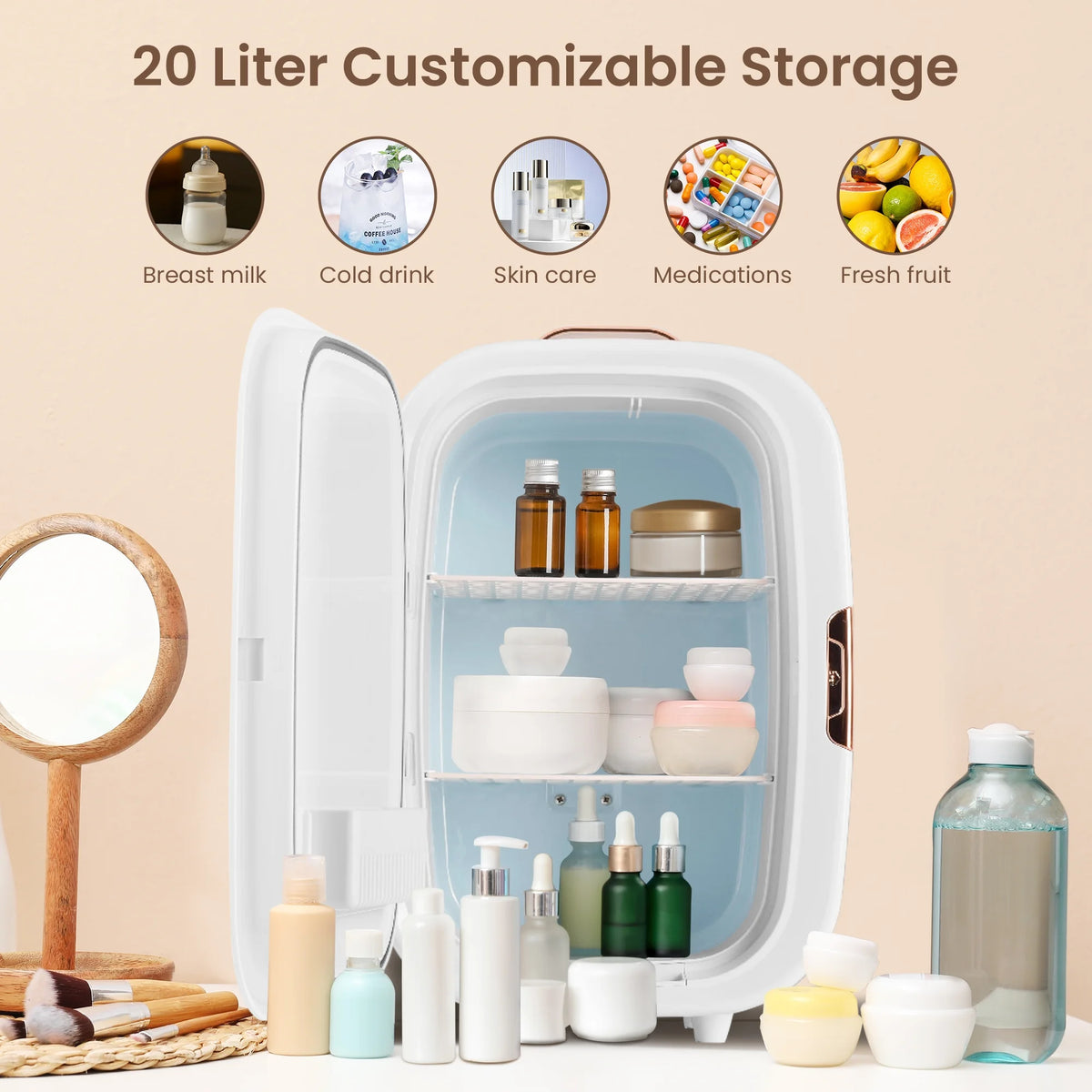 Dimmable LED Light Mirror Fridge - 20L Makeup Mini Fridge For Cosmetics, Skin Care, And Food - White