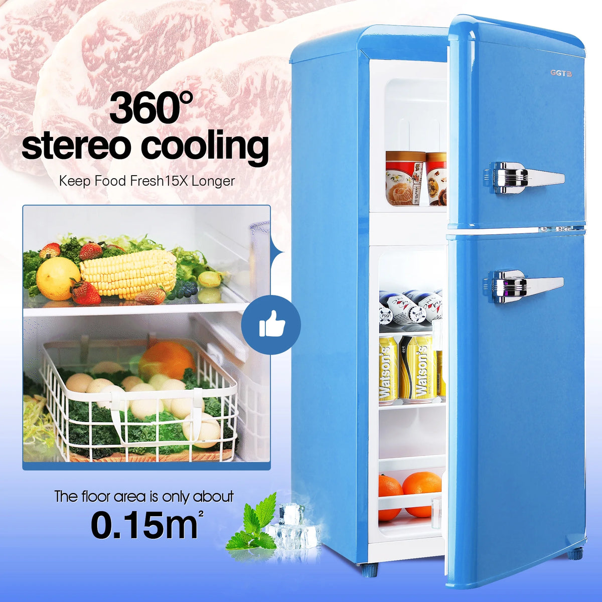 GGTB 3.0 Cu.Ft Two Door Small Refrigerator with Freezer, Compact Retro Small Refrigerator for Dorm, Office, Bar, RV, Bedroom, Blue