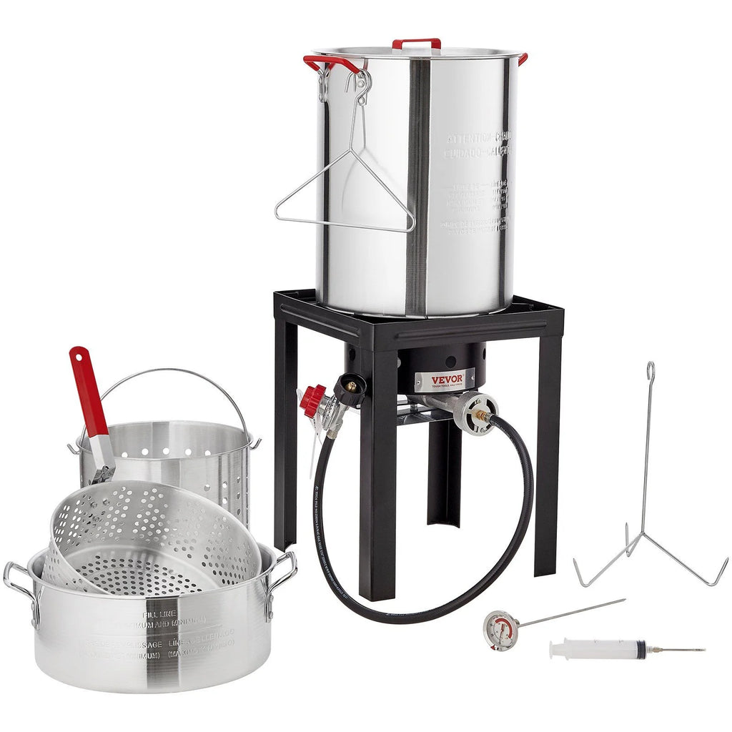 5-Piece Outdoor Turkey and Seafood Cooking Set: High-Power Fryer/Steamer with 54K BTU Burner, Baskets, Rack, and Thermometer