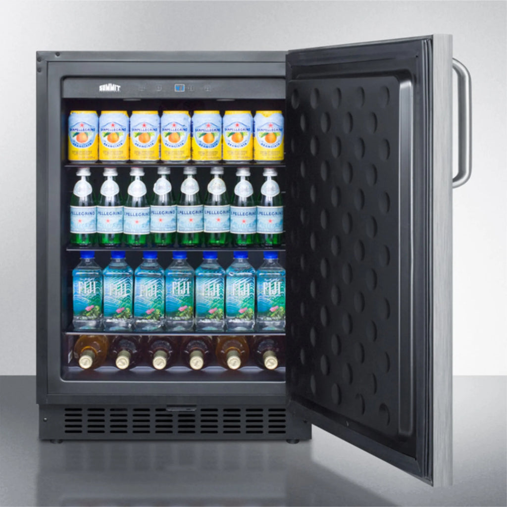 Outdoor all-refrigerator for built-in use, with lock, digital thermostat, towel bar handle, and stainless steel wrapped exterior