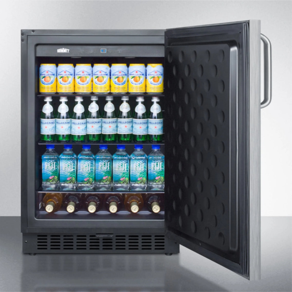 Outdoor all-refrigerator for built-in use, with lock, digital thermostat, towel bar handle, and stainless steel wrapped exterior