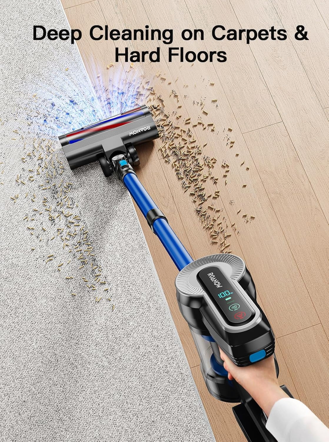 Roanow Cordless Vacuum Cleaner, 38KPA/55Mins with Display Stick Vacuum for Home Hardwood Floor Carpet Pet