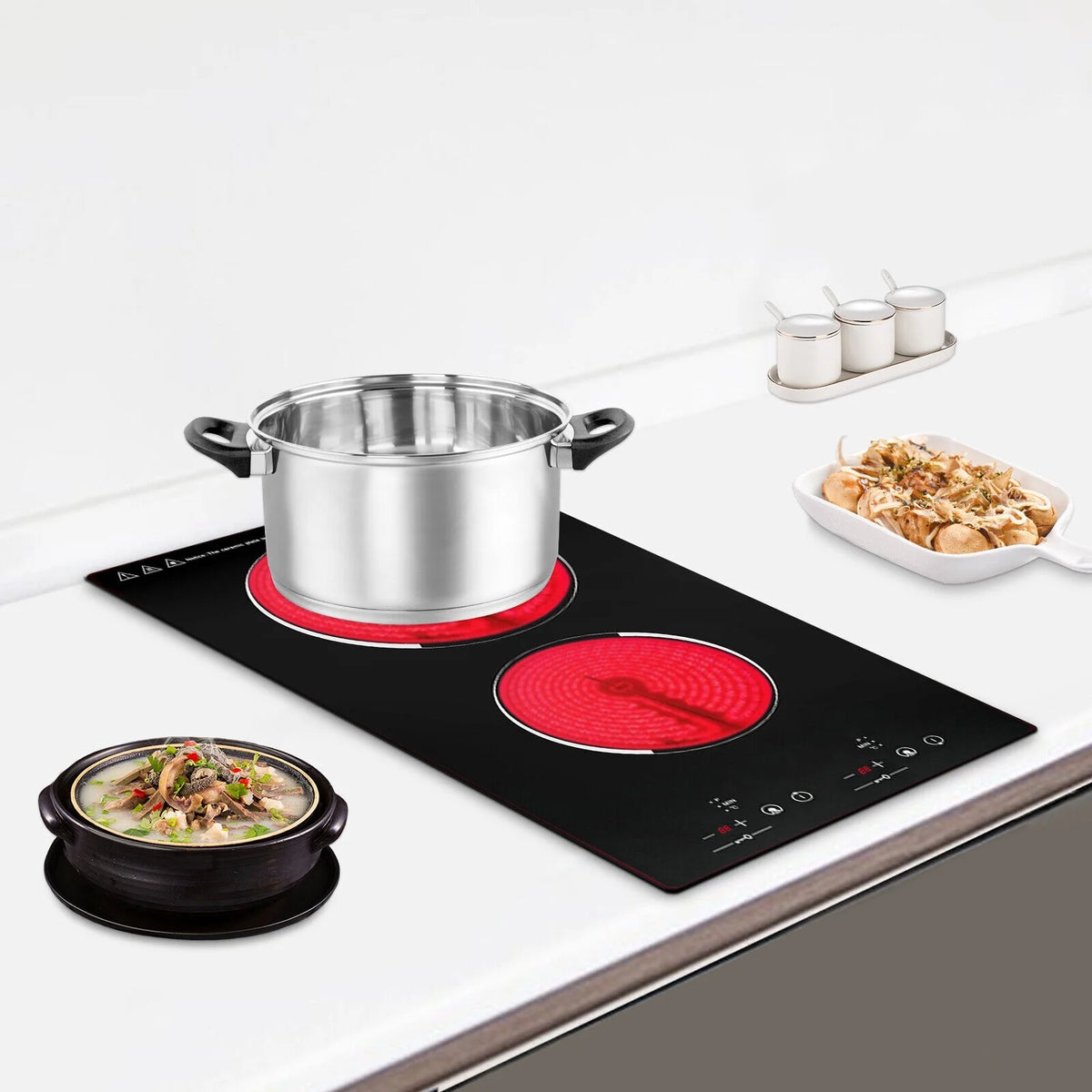 Home Electric 110V Ceramic Stove Cooktop Sensor Touch Control 2 Burners with Plug,Black,20.08x11.34in,Modern Style