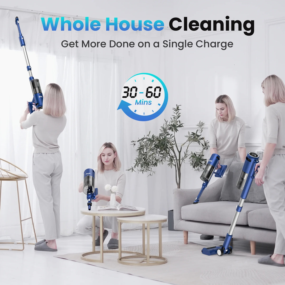 INSE Lightweight Cordless Vacuum with 30Kpa Powerful Suction & 60 Mins Runtime, Stick Vacuum  for Carpet, Tile, Pet Hair, Hardwood Floors