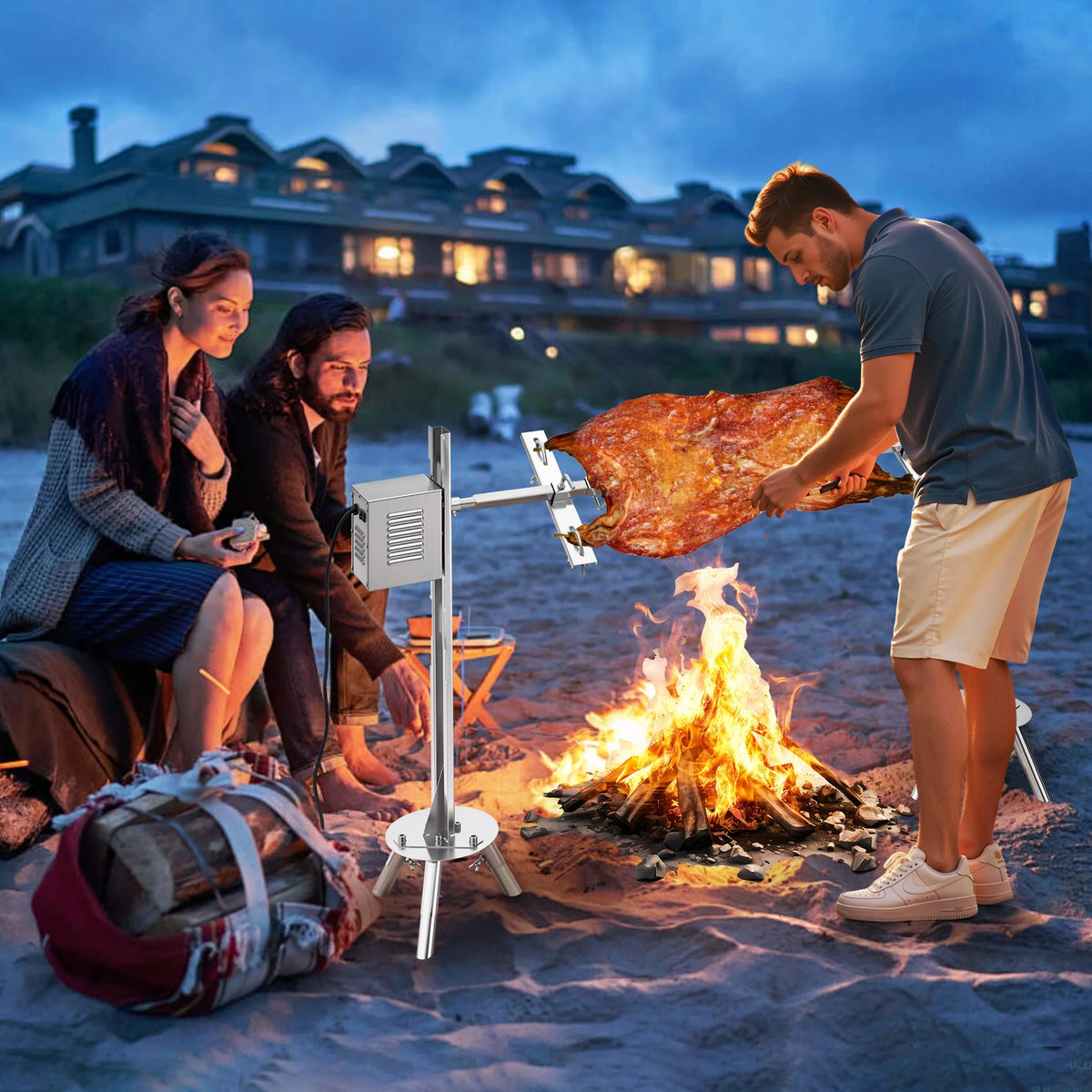 LUXOAK Electric BBQ Rotisserie Grill Kit, 46" 132 Lbs Capacity, 45W Motor, Height-Adjustable Stainless Steel Pig Roaster with Triangular Stability Support Stand for Pig Lamb