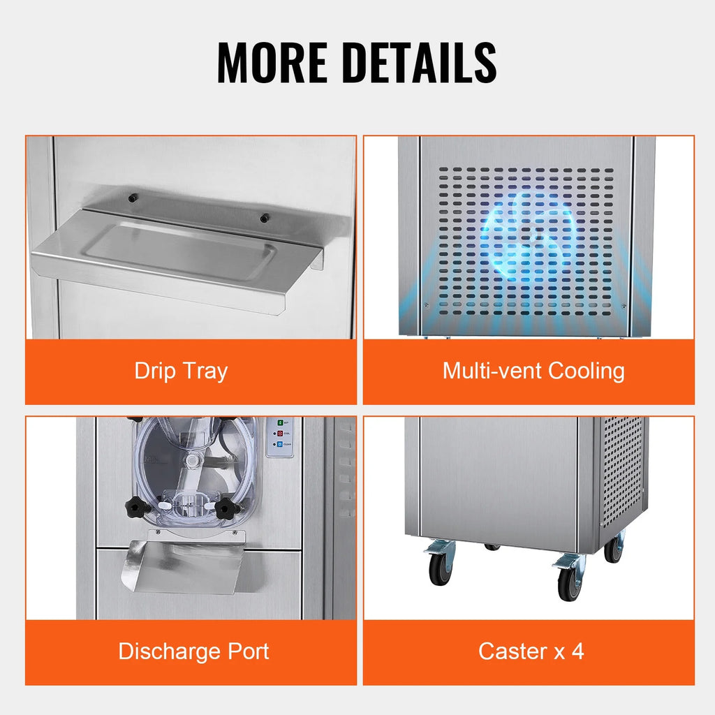 KFFKFF Commercial Ice Cream Machine, 18L/Hour Output, 1780W, Single Flavor, Mobile with Wheels, 6L Stainless Steel Cylinder, LED Screen, Auto Clean & Pre-cool