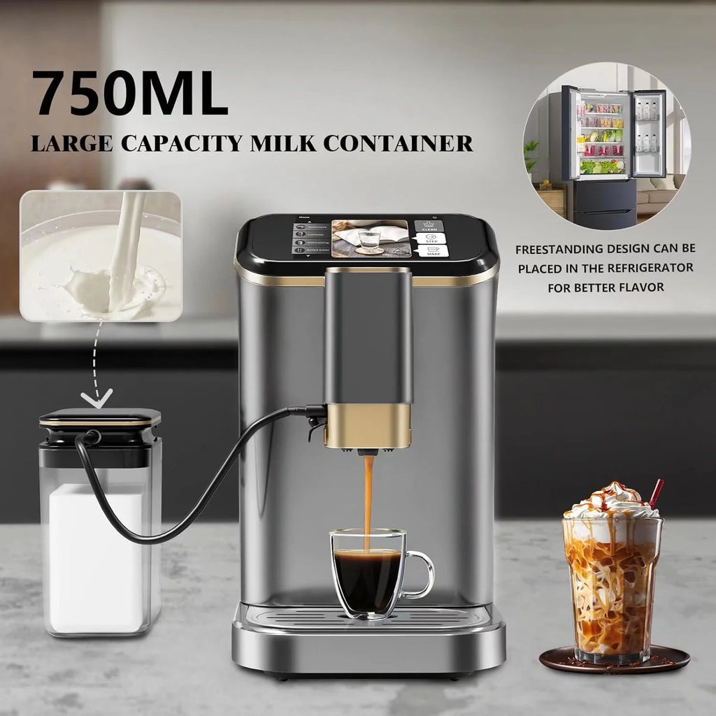 Fully Automatic Coffee Maker with Built-In Grinder and Milk Frother, Touch Screen 20 Bar High Pressure Espresso Machine with Adjustable Temperature and Strength for Home, Office