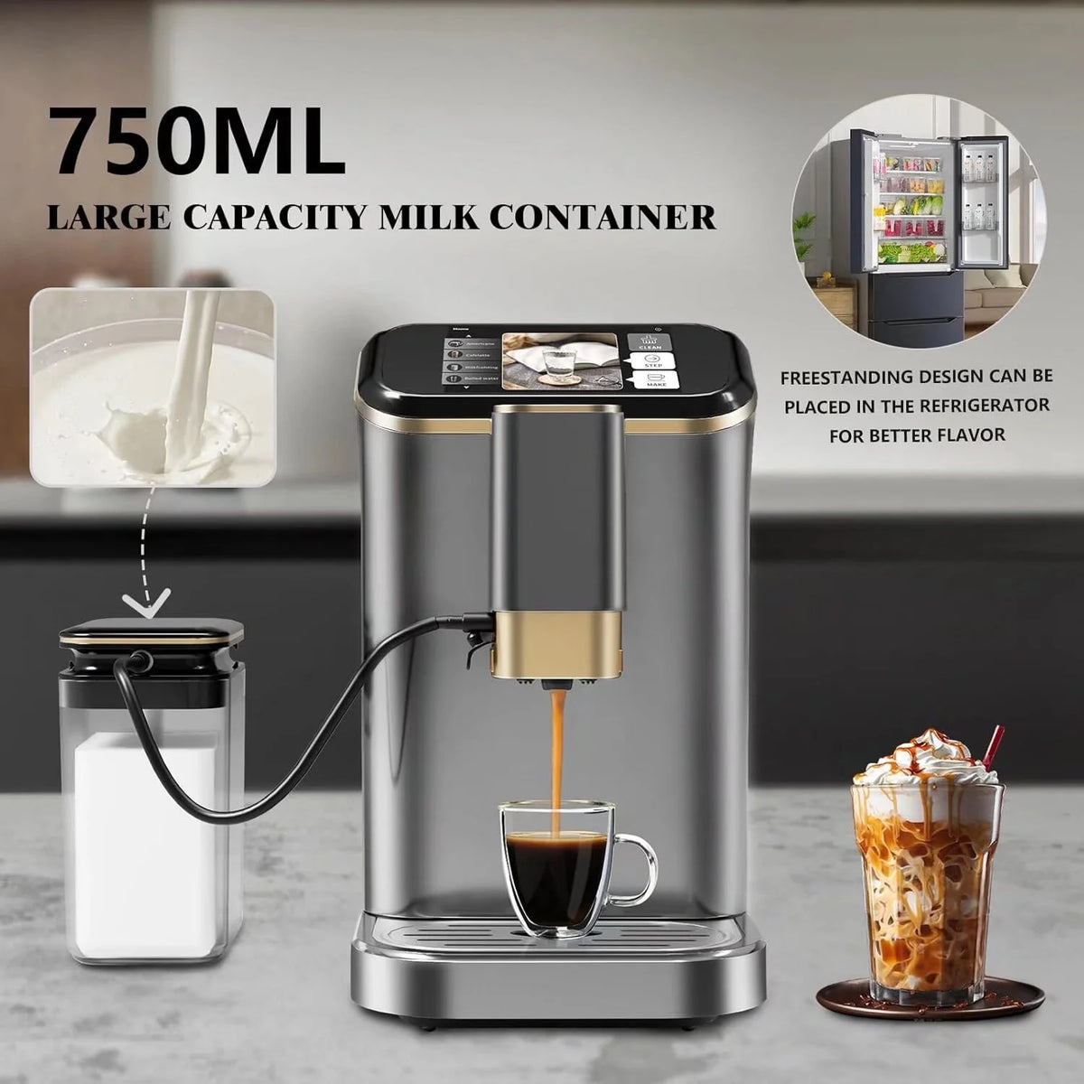 Fully Automatic Coffee Maker with Built-In Grinder and Milk Frother, Touch Screen 20 Bar High Pressure Espresso Machine with Adjustable Temperature and Strength for Home, Office