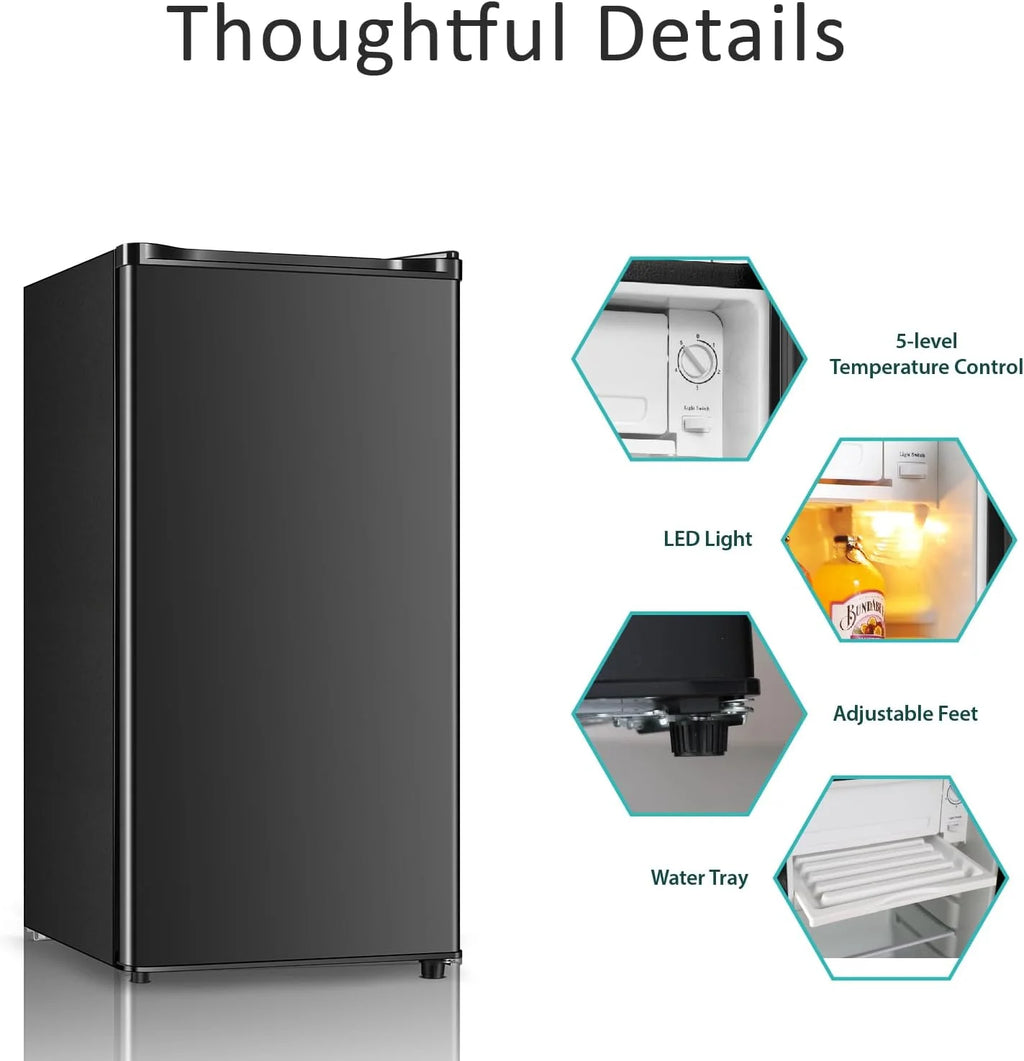 Seaoola Mini Fridge with Freezer, Single Door 4.4 Cu.Ft, Compact Mini Refrigerator, LED Light, Adjustable Thermostat, Removable Glass Shelves, Small Refrigerator for Dorm/Office/Bedroom(Black)