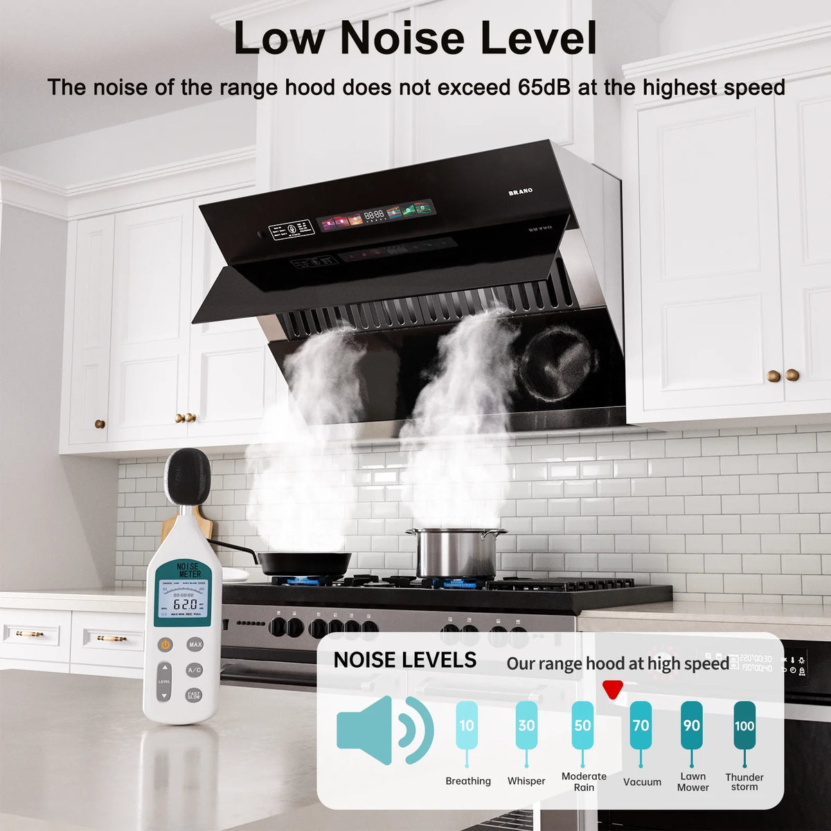 BRANO 30 inch Range Hood Stainless Steel Kitchen Hood, 900CFM, Voice/Gesture Sensing, Touch Control, Side-Draft Design