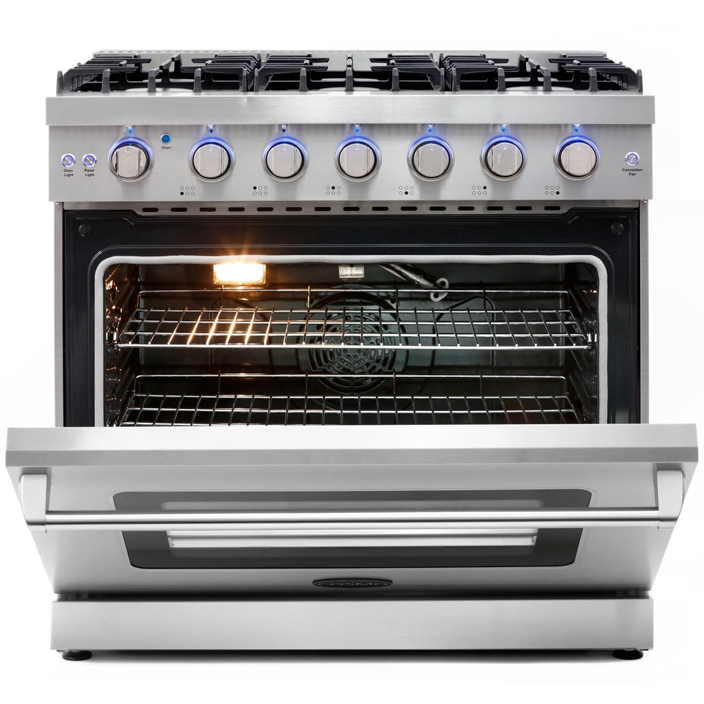 Cosmo 5 Piece Kitchen Appliance Package with 36" Freestanding Gas Range 36" Island Range Hood 24" Built-in Fully Integrated Dishwasher French Door Refrigerator & 48 Bottle Wine Refrigerator