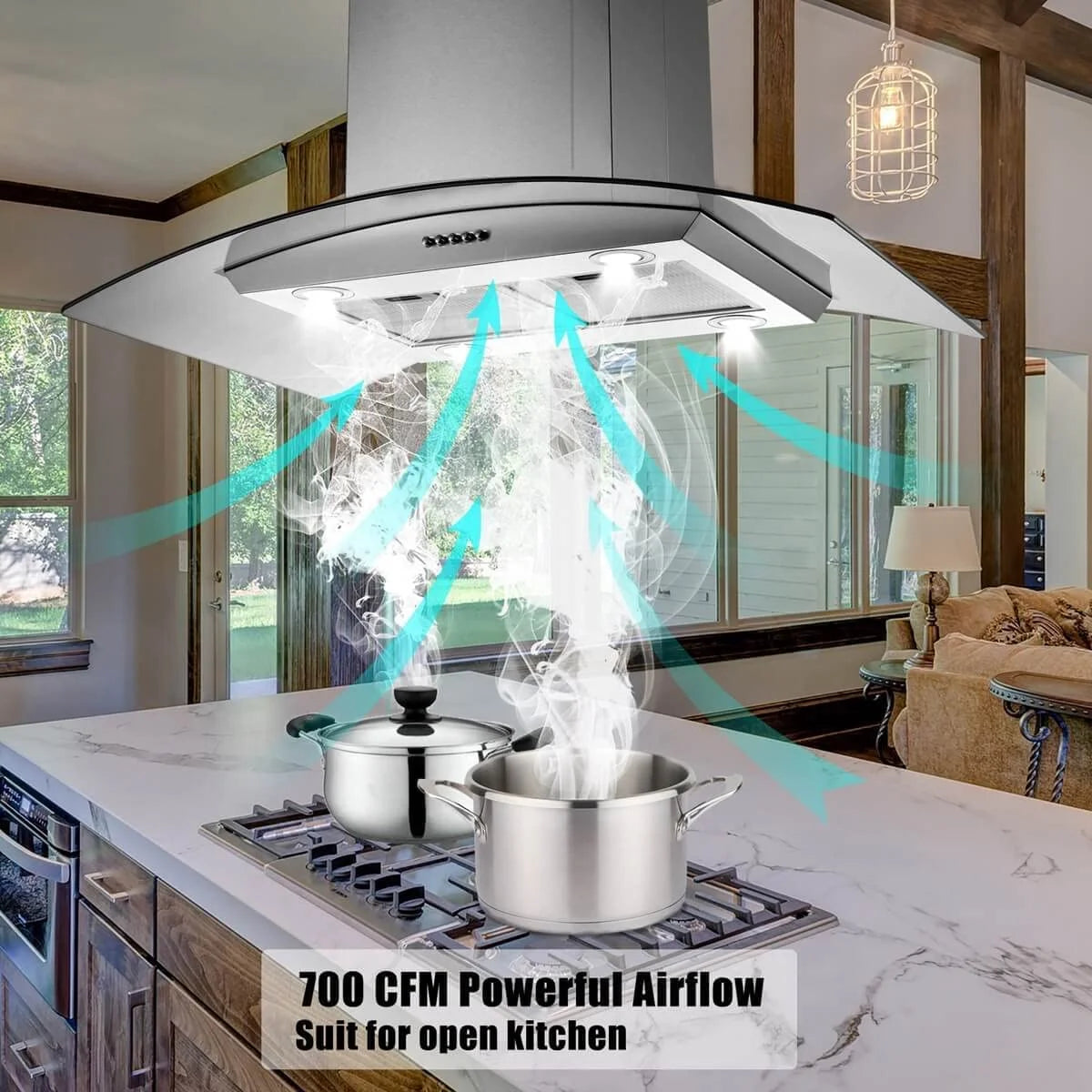 Tieasy Island Range Hood 36 inch Kitchen 3 Speed Extractor Fan Aluminum Filter Tempered Glass