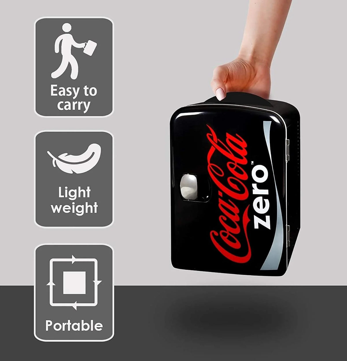 Coca-Cola Coke Zero 4L Portable Cooler/Warmer, Compact Personal Travel Fridge for Snacks Lunch Drinks Cosmetics, Includes 12V and AC Cords, Desk Accessory for Home Office Dorm Travel, Black