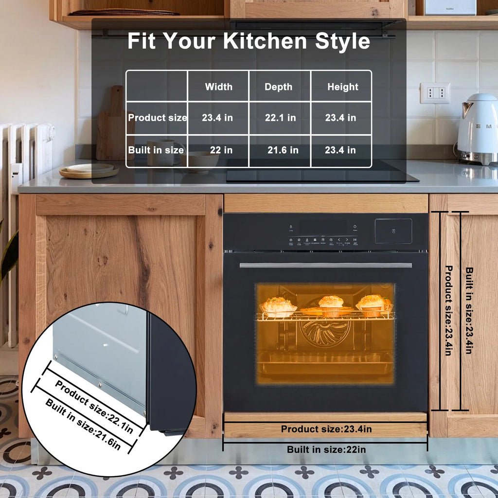 Aoile 24" Single Wall Oven, 3000W 2.5 Cu.Ft. Built-in Electric Oven with 4 Cooking Functions & 108 Automatic Recipes