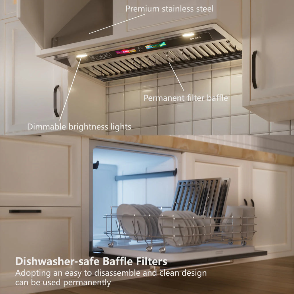Brano 36-Inch Built-in Range Hood Insert , Voice/Gesture/Touch Control, 900 CFM, 4-Speed, Ducted/Ductless, Adjustable Lights