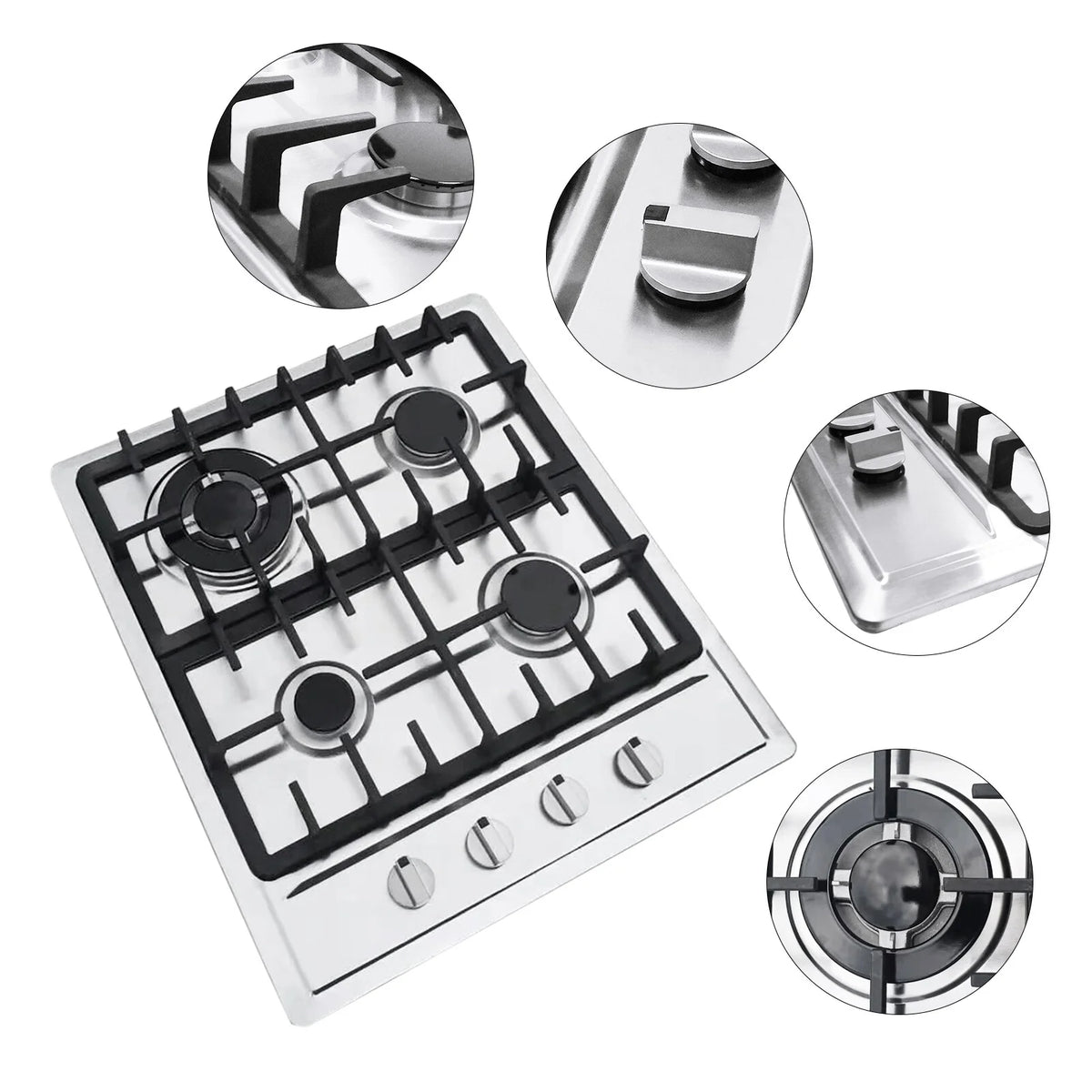 Stainless Steel 4-Burner Gas Stove, 3.0KW+1.75KW+1.0KW, Built-In Cooktop with Rotary Switch for Homes, Restaurants