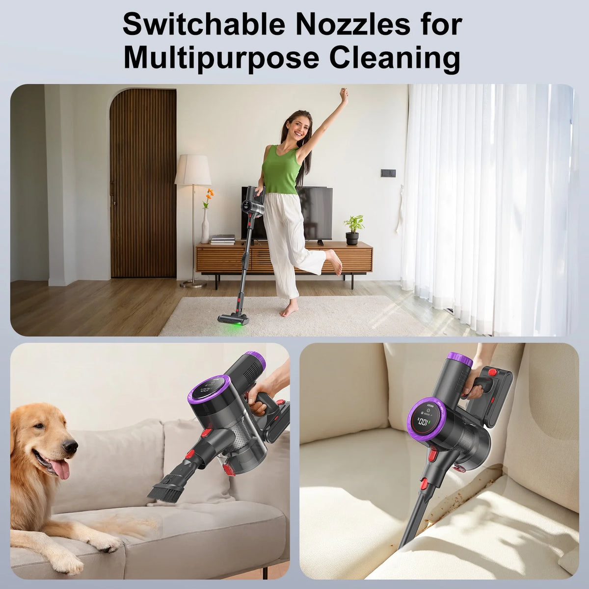 PRASKY Cordless Vacuum Cleaner, Bendable Rechargeable Cleaner for Carpet, Floor, Hair (Purple)